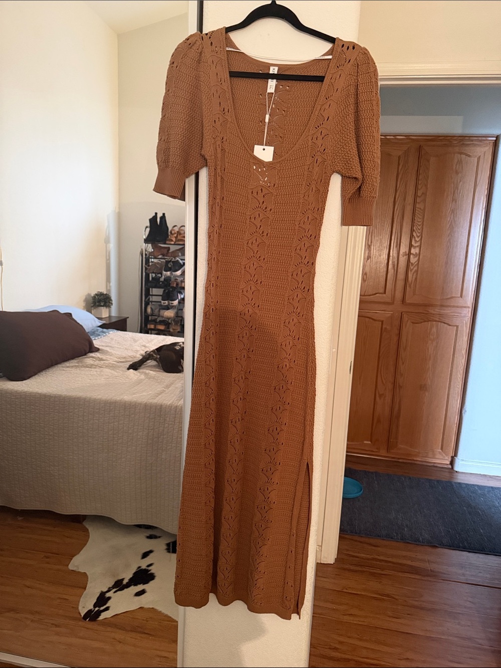 Kivari Camel Crochet Knit Maxi Dress